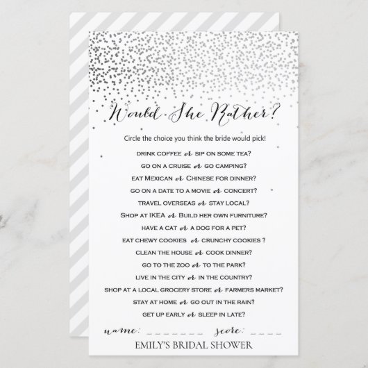 Silver Confetti Brautparty Game DRUCKT (Vorne/Hinten)