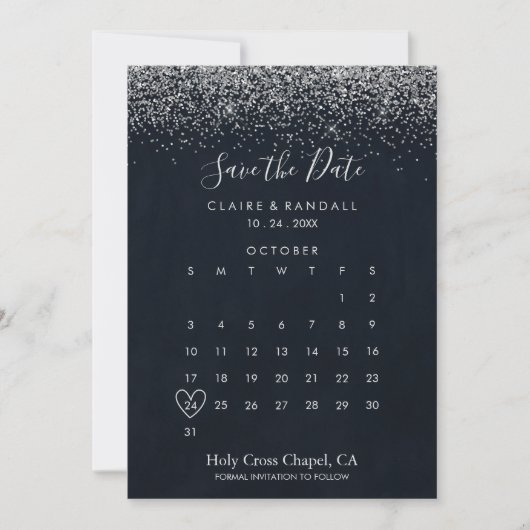 Silver Confetti Calligraphy Save the Date Calendar (Vorderseite)