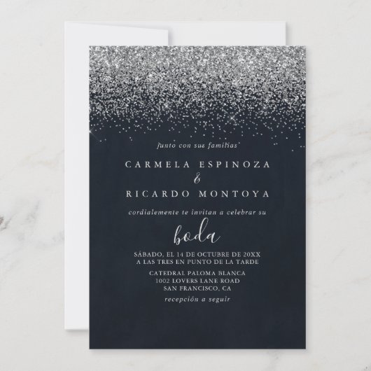 Silver Confetti Calligraphy Spanish Wedding Einladung (Vorderseite)