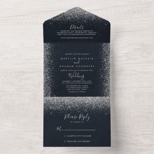 Silver Confetti Calligraphy Wedding All In One Einladung (Innen Boden)