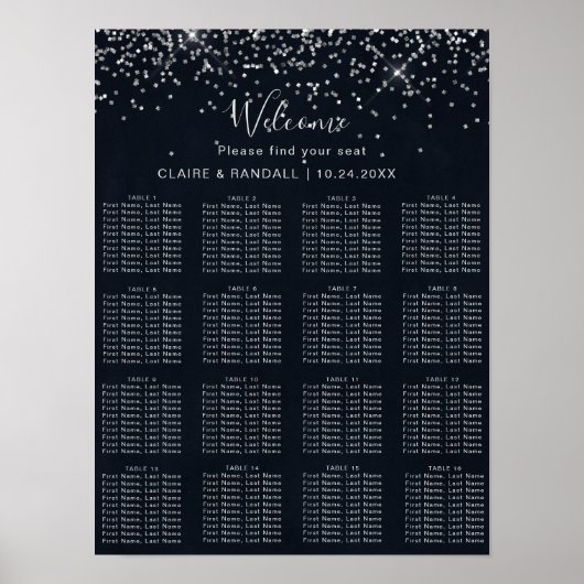 Silver Confetti Calligraphy Wedding Seating Chart Poster (Vorne)