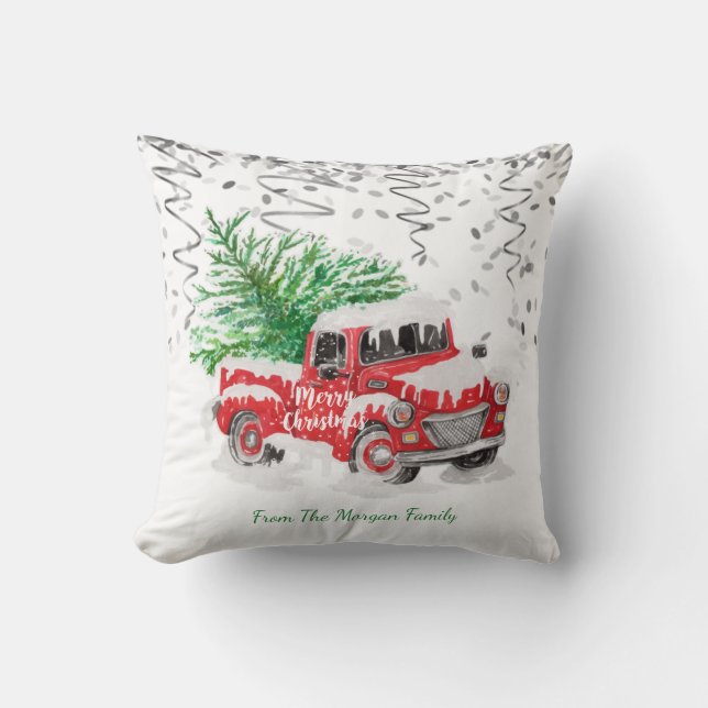 Silver Confetti, Christmas Red Truck Pine Tree Sch Kissen (Vorderseite)