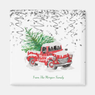 Silver Confetti, Christmas Red Truck Pine Tree Sch Magnet
