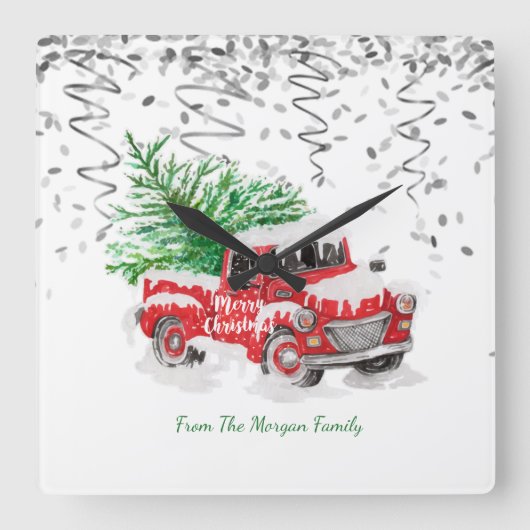 Silver Confetti, Christmas Red Truck Pine Tree Sch Quadratische Wanduhr (Vorderseite)