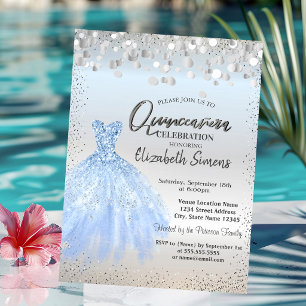 Silver Confetti Dots, blaues Kleid Quinceañera Einladung