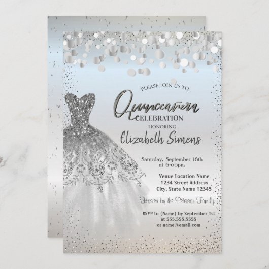 Silver Confetti Dots, Chic Dress Quinceañera Einladung (Vorne/Hinten)
