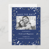 Silver Confetti Elegant Navy Foto Save the Date Ankündigungspostkarte (Vorne/Hinten)