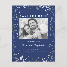 Silver Confetti Elegant Navy Foto Save the Date Ankündigungspostkarte