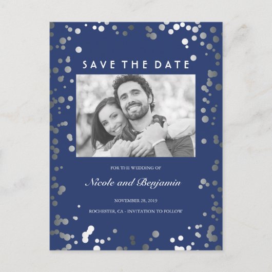 Silver Confetti Elegant Navy Foto Save the Date Ankündigungspostkarte (Vorderseite)