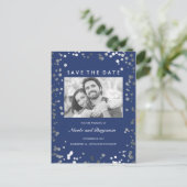 Silver Confetti Elegant Navy Foto Save the Date Ankündigungspostkarte (Stehend Vorderseite)