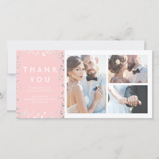 Silver Confetti Elegant Pink Wedding Vielen Dank Dankeskarte (Vorderseite)