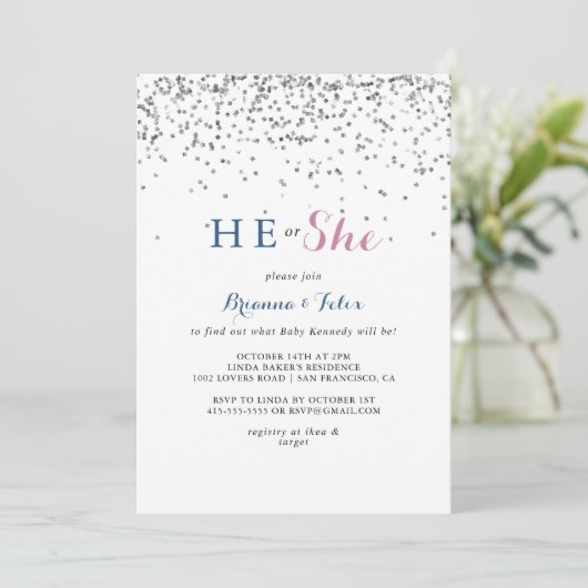 Silver Confetti, er oder sie Gender Reveal Einladung (Stehend Vorderseite)