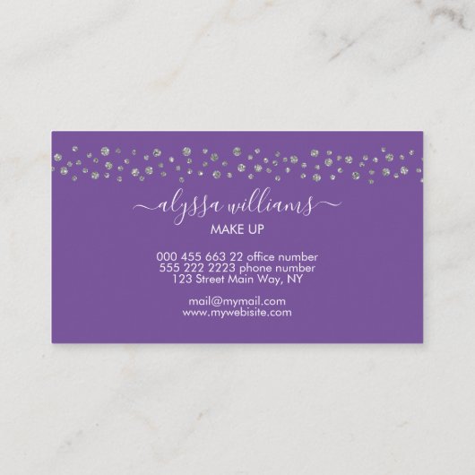 Silver Confetti Glitzer Lila Modern Script Visitenkarte (Rückseite)