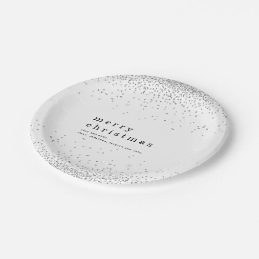 Silver Confetti Glitzer Name Frohe Weihnachten Pappteller (Schrägansicht)