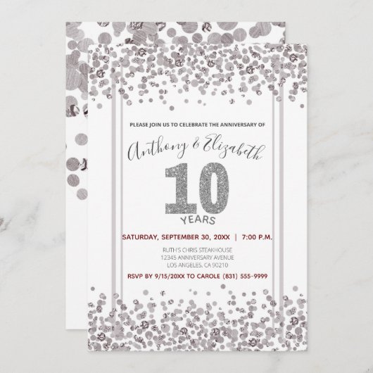 Silver Confetti Glitzer-Style 10 Jahre Einladung (Vorne/Hinten)
