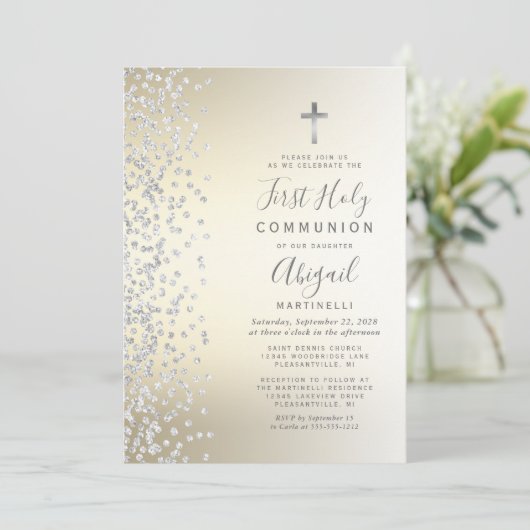 Silver Confetti Gold Ombre Erste Heilige Kommune Einladung (Stehend Vorderseite)