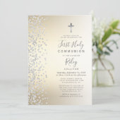 Silver Confetti Gold Ombre Erste Heilige Kommune Einladung (Stehend Vorderseite)