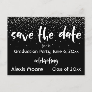 Silver Confetti Graduation Party Save the Date Ankündigungspostkarte
