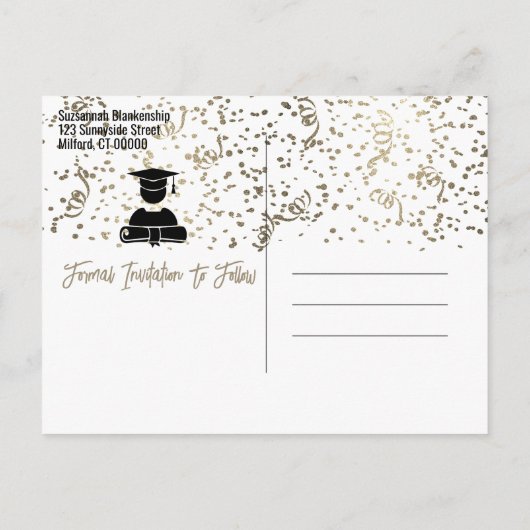 Silver Confetti Graduation Party Save the Date Ankündigungspostkarte (Rückseite)