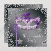 Silver Confetti Lila Masquerade Party Einladung (Vorne/Hinten)