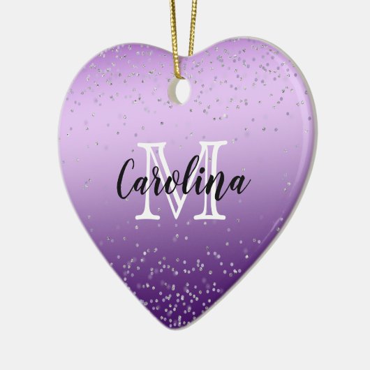 Silver Confetti Lila Ombre Monogramm Keramik Ornament (Links)