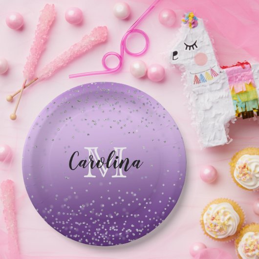 Silver Confetti Lila Ombre Monogramm Pappteller (Party)
