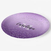 Silver Confetti Lila Ombre Monogramm Pappteller (Schrägansicht)
