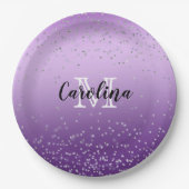 Silver Confetti Lila Ombre Monogramm Pappteller (Vorderseite)