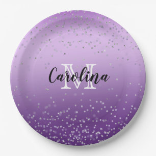 Silver Confetti Lila Ombre Monogramm Pappteller