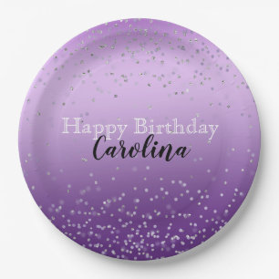 Silver Confetti Lila Ombre Name Pappteller