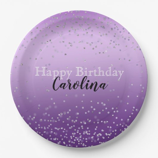 Silver Confetti Lila Ombre Name Pappteller (Vorderseite)