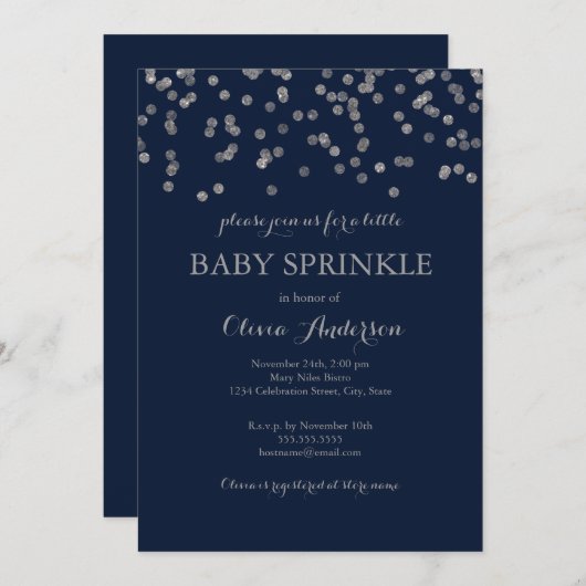 Silver Confetti Navy Baby Sprinkle Einladung (Vorne/Hinten)