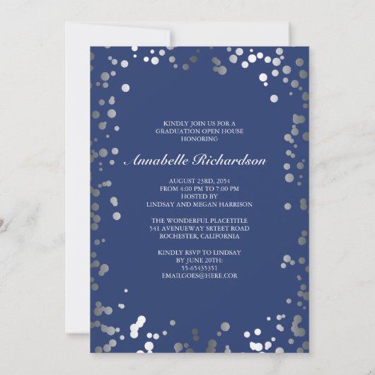 Silver Confetti Navy Blue Elegante Foto Abschluss Einladung (Rückseite)