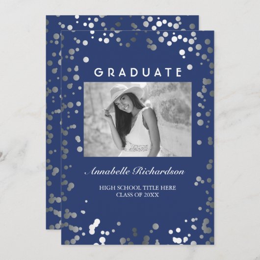 Silver Confetti Navy Blue Elegante Foto Abschluss Einladung (Vorne/Hinten)