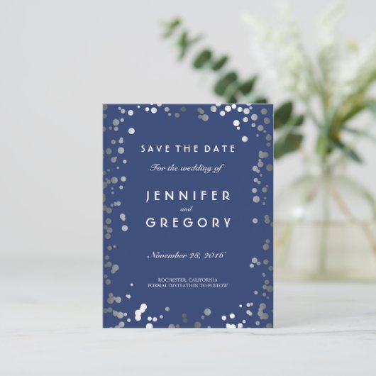 Silver Confetti Navy Elegant Save the Date Ankündigungspostkarte (Stehend Vorderseite)