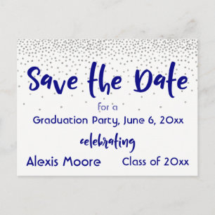 Silver Confetti Navy Save the Date Abschluss Datum Ankündigungspostkarte