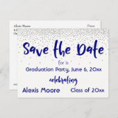 Silver Confetti Navy Save the Date Abschluss Datum Ankündigungspostkarte (Vorne/Hinten)