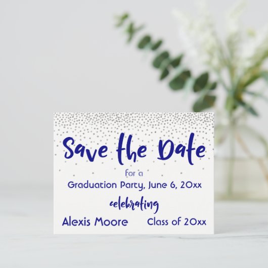 Silver Confetti Navy Save the Date Abschluss Datum Ankündigungspostkarte (Stehend Vorderseite)