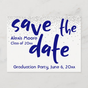 Silver Confetti Navy Typografie Save the Date 1 Ankündigungspostkarte