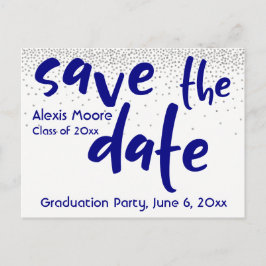 Silver Confetti Navy Typografie Save the Date 1 Ankündigungspostkarte