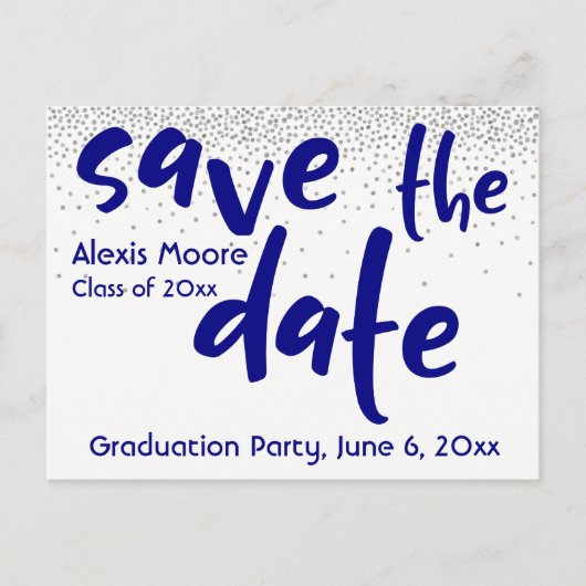 Silver Confetti Navy Typografie Save the Date 1 Ankündigungspostkarte (Vorderseite)