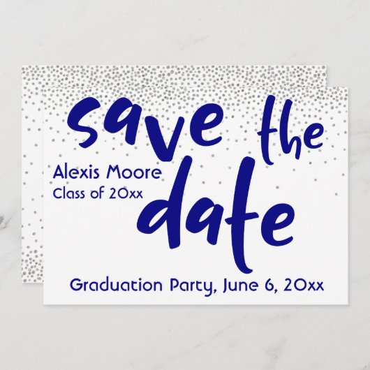Silver Confetti Navy Typografie Save the Date 1b Einladung (Vorne/Hinten)