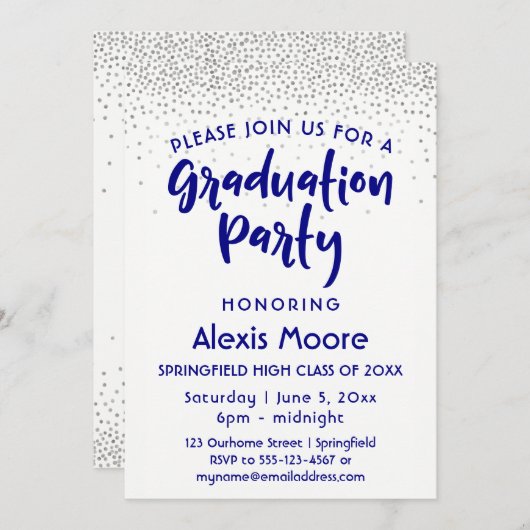 Silver Confetti & Navy Typografy Grad Party, 2 Einladung (Vorne/Hinten)
