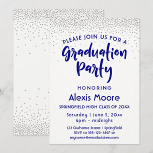 Silver Confetti & Navy Typografy Grad Party, 2 Einladung