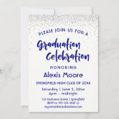 Silver Confetti & Navy Typografy Graduation Party Einladung (Vorderseite)
