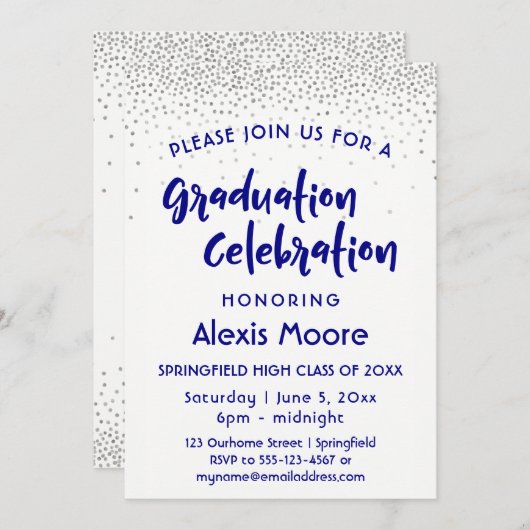 Silver Confetti & Navy Typografy Graduation Party Einladung (Vorne/Hinten)