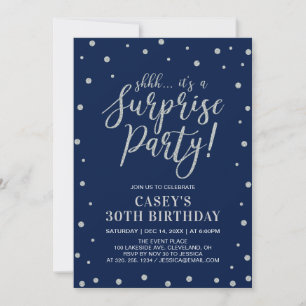 Silver Confetti & Navy Überraschende Geburtstags Einladung