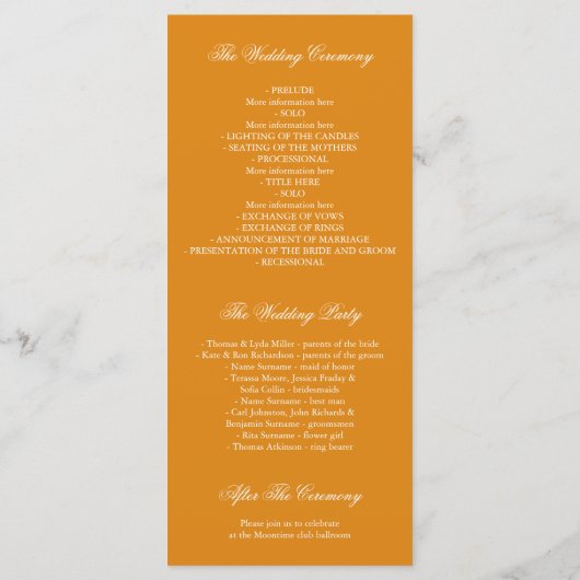 Silver Confetti Orange Elegant Wedding Program Programm (Rückseite)