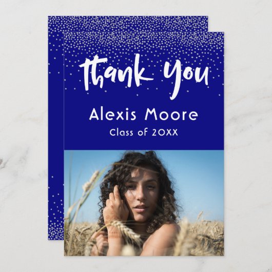 Silver Confetti Over Navy, Foto Grad 4 Vielen Dank Ankündigung (Vorne/Hinten)