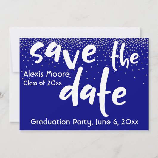 Silver Confetti Over Navy, modern Save the Date 1b Einladung (Vorderseite)